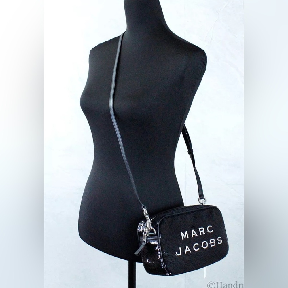 🆕 Marc Jacobs Flash Black Sequined Logo Plate Leather Crossbody Bag